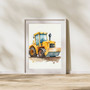 Construction truck canvas wall art with a friendly crane scene, kid-safe tones and clean design for baby boy’s nursery decor