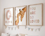 Boho giraffe canvas set for nursery, blush pink wall art personalized with baby name for a baby girl’s room decor