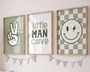 Checkered smiley nursery wall art canvas in sage green, neutral decor for a baby boy's room, playful modern design for kids