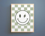 Sage green checkered smiley wall art canvas, modern minimalist accent for a baby boy nursery or gender-neutral kids room