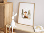 Forest-themed nursery canvas wall art, cute bear and fox amid mountains and pines, horizontal layout, cozy baby nursery decor