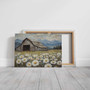Rustic farmhouse canvas art showcasing daisies and rolling hills, square design in earthy tones for living room decor