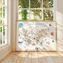 Safari animal world map canvas with minimalist style in muted tones, labeled continents for gender-neutral nursery decor