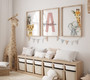 Safari nursery canvas set with personalized lion, elephant, giraffe, zebra art for kids' jungle-themed wall decor