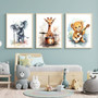 Jungle safari animal canvas wall art for nursery, watercolor lion on drums and elephant on trumpet, portrait format
