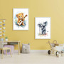 Jungle safari animal canvas print for baby room, zebra on xylophone with hippo on tambourine, soft watercolor, square layout