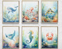Nautical nursery canvas set with ocean animal art, soft pastel sea creatures for baby room wall decor in calming tones