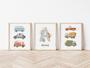 Vehicle Nursery Wall Art For Baby Boys Canvas | Custom Name Prints With Trucks And Cars For Playroom