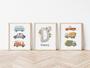 Vehicle Nursery Wall Art For Baby Boys Canvas | Custom Name Prints With Trucks And Cars For Playroom