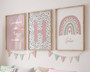 Boho rainbow canvas print personalized for kids room playroom, pink palette, customizable baby name with hearts and clouds