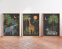 Safari animal canvas set depicting elephant calf with parent in lush jungle, soothing nursery wall decor for kids' room.