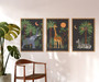 Safari animal canvas set, portrait orientation giraffe zebra elephant art, boho neutral nursery wall decor for kids' room.