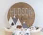 Personalized Round Wood Nursery Sign - 3D Mountain Woodland Theme For Baby Room Decor