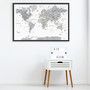 Landscape nursery world map canvas showing cute watercolor animals on continents, educational kids wall decor for classroom