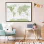Nursery world map canvas art with watercolor continents and animals, travel-themed educational decor for toddler bedroom
