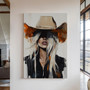 Blonde cowgirl portrait canvas in rustic farmhouse style, western art with hat and lasso, wall decor for living room