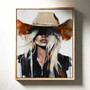 Blonde cowgirl portrait canvas with neutral palette and soft brushwork, modern western farmhouse piece for gallery wall
