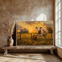 Rustic farmhouse canvas art showcasing a single grazing cow by a fence line, warm neutral palette, kitchen wall decor.