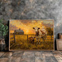 Rustic farmhouse canvas art with a grazing cow in open pasture, muted earth tones, cozy wall decor for living room.