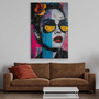 Pop art canvas print, fashionable woman with mirrored sunglasses and neon accents; modern portrait decor for a chic home office