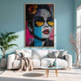Contemporary pop art canvas, vertical bold-contrast portrait of a woman in glossy sunglasses; stylish wall decor for a hallway
