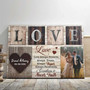 Christian love canvas wall art with 1 Corinthians 13, personalized with couple names and anniversary date, Valentine’s gift