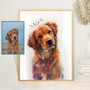 Dog portrait watercolor canvas, muted earth tones, commemorative wall art for dog lovers, suits modern living room decor