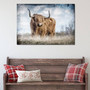 Highland cow canvas art, black and white square portrait, rustic farmhouse wall decor, close-up horns and fringe detail