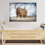 Highland cow canvas wall art, farmhouse landscape with full-body cattle in misty meadow, earthy tones for ranch decor