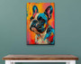 French Bulldog pop art canvas wall art with neon palette, close-up face on turquoise background, portrait orientation