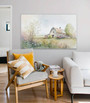 Rustic farmhouse canvas featuring watercolor barn amid wildflowers, muted earth tones, panoramic landscape for living room
