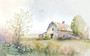Rustic farmhouse canvas showcasing watercolor country barn and wildflowers, pastel sky, calming decor for living room