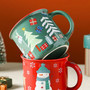 Red Ceramic Coffee Mugs - Nordic Christmas Mug Set in Red & Green