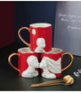 Red Ceramic Couple Mug Set for Wedding Gift with Heart Saucer