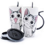 Tall Ceramic Cat Mug with Tail Handle and Silicon Lid