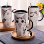 Tall Ceramic Cat Mug with Tail Handle and Silicon Lid