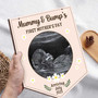 First Mother's Day custom wood sign, whitewashed panel with ultrasound photo, floral engraving, names, nursery shelf display