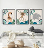 Jungle safari animal canvas, portrait-style trio for baby boy nursery in modern minimalist design, soft neutral palette
