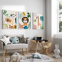 Safari jungle canvas print for nursery, boho baby boy wall decor with animal prints in warm beige and sage neutral palette
