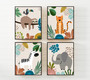 Jungle safari nursery canvas wall art, boho style in neutral tones with cute animal motifs, personalized with baby boy name.