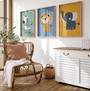 boho safari nursery canvas set for kids room, colorful jungle animal wall art brings playful zebra, lion, and elephant