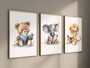 Safari animal reading wall art canvas, watercolor elephant holding book, gender-neutral nursery decor, square canvas print