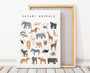 Safari animals nursery canvas wall art, black and white sketch style for scandi decor, educational art for modern playrooms