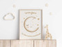 Love You To The Moon And Back nursery quote canvas with navy sky, crescent moon and stars, wall art for baby bedroom