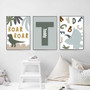 Dinosaur nursery canvas art personalized with name, cute T-rex and brontosaurus in warm neutrals, landscape playroom decor