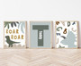 Dinosaur nursery canvas art with child's name, boho neutral dino theme in soft gray, square kids' bedroom wall art
