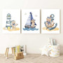 Teddy bear nautical nursery canvas set with modern coastal style, ocean-themed wall art for baby boy nursery decor