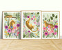 Jungle-themed canvas art, set of three leopard prints with bright greens and soft florals, kids' wall decor for playrooms
