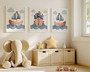 Nautical nursery canvas art set with blue and white sailboat and sea, coastal theme ideal for baby boy nursery wall decor