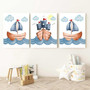 Ocean and sailboat nursery canvas art set, blue and white palette, nautical decor for boys' room or seaside nursery